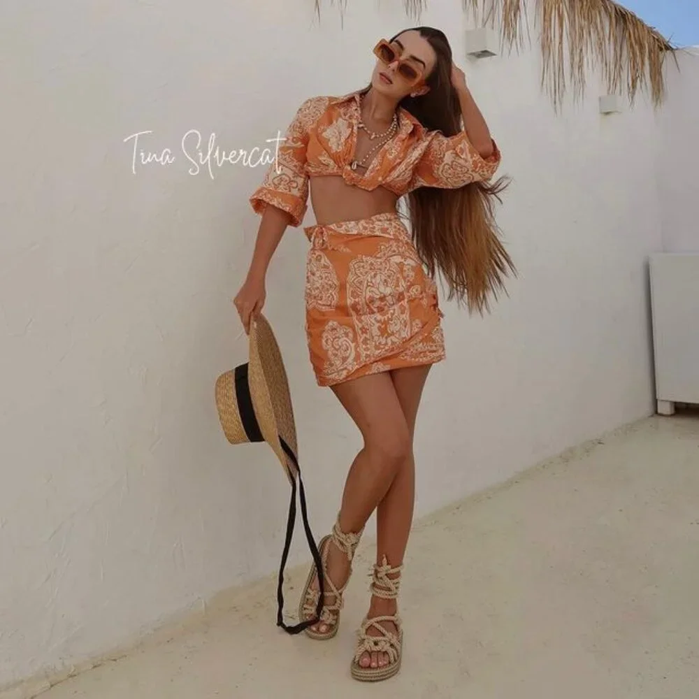 Zara 2 Piece Printed Mini Skirt And Top Co-ord Set Burnt Orange NWT